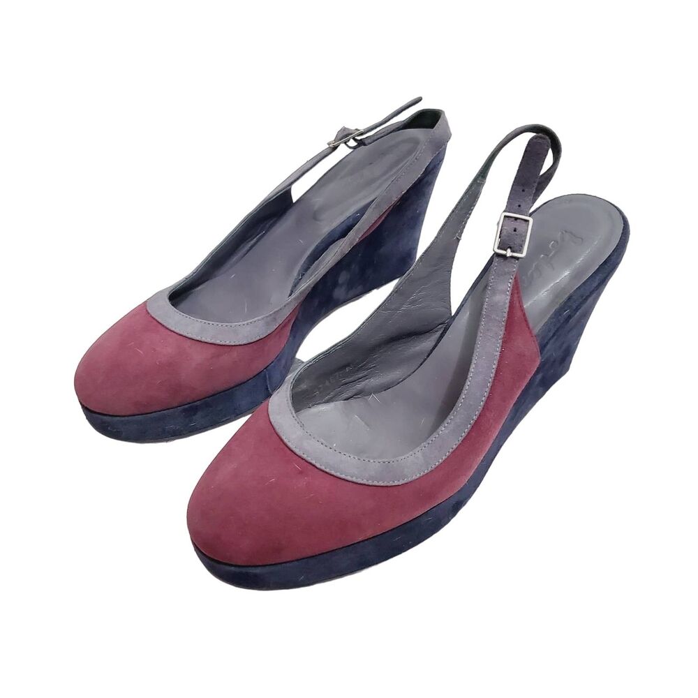 Boden Slingback Platform Heels Burgundy Navy Suede Leather Closed Toe Size 10.5